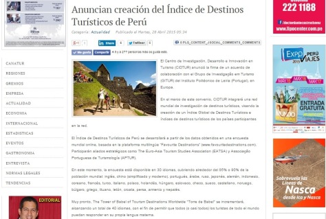 Anuncian Creación de Indice de Destinos Turísticos Perú GITUR